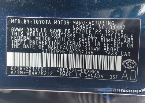 2017 Toyota Corolla Le from USA, damaged, VIN 2T1BURHE1HC837066